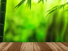 Wooden table on bamboo plant background ai generated photo