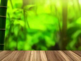 Wooden table on bamboo plant background ai generated photo