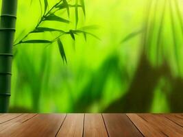 Wooden table on bamboo plant background ai generated photo