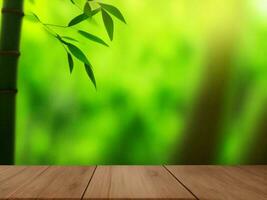 Wooden table on bamboo plant background ai generated photo