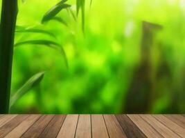 Wooden table on bamboo plant background ai generated photo