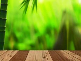 Wooden table on bamboo plant background ai generated photo