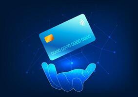 Credit card technology A hand is holding a credit card. Shows spending on purchases using a credit card. It is also used to buy products online. Increased convenience, no need to carry cash vector