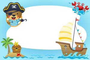 Cute bear pirate with pirate sailing element on blank sign background. Vector cartoon illustration