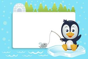 Cute penguin cartoon fishing. Winter elements with blank sign vector illustration