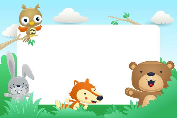 Funny woodland animals cartoon with blank sign. Vector illustration