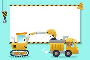 Cute bear on truck with funny excavator. Construction element with blank sign. Vector cartoon illustration