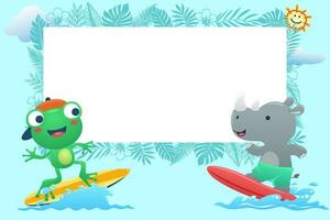 Cute frog and rhino surfing on wave. Summer elements with blank sign vector illustration