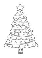 Christmas tree with gifts. Black and white vector illustration for coloring book