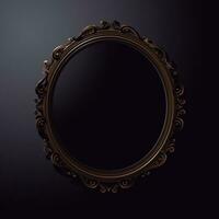 Black mirror. Dark mirror. Illustration of an oval gold frame on a black background with copy space vector