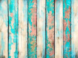 Texture of vintage wood boards with cracked paint of white, red, green and blue color. Generative AI photo