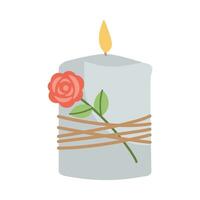 Candle with hand drawn red roses flowers. Vector illustration. Simple flat style.