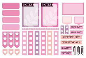 Pink weekly planner stickers set for agenda, notebook, diary. vector