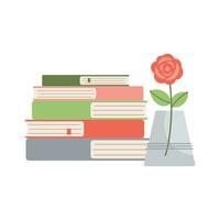 Hand drawn stack of books and a vase with red roses. Vector illustration. Simple flat style.