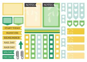 Soft green and yellow colorful weekly planner stickers set for agenda, notebook, diary. A5 format. vector