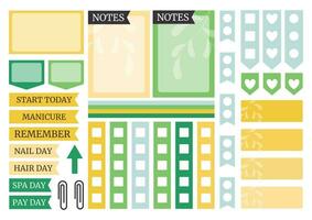 Soft green and yellow colorful weekly planner stickers set for agenda, notebook, diary. A5 format. vector