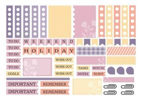 Soft colorful weekly planner stickers set for agenda, notebook, diary. A5 format. vector