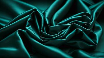 Emerald satin fabric background. Emerald silk fabric background top view. Wavy smooth cloth texture. Luxurious emerald ripple fabric pattern. AI-Generated photo