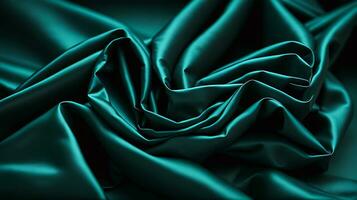 Emerald satin fabric background. Emerald silk fabric background top view. Wavy smooth cloth texture. Luxurious emerald ripple fabric pattern. AI-Generated photo