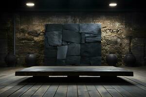 Stone and rock shape 3d render illustration. Round podium, pedestal for brand product exhibition. Solid dark black color AI Generative Illustration.. photo