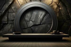 3D Podium of Black Palm, Stone, and Rock with Neon Lighting on Total Black Palette and Circular Copy Space Background. Generative AI photo
