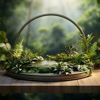 3d render of black and gold pedestal podium on background with neon stage light abstract minimal concept decorate with plant, blank space luxury minimal clean design AI Generative photo