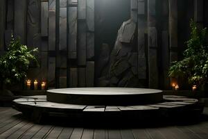 Futuristic dark room with stone floor, 3d render. AI Generative Illustration. Podium for product shoot. photo