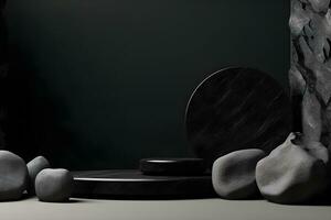 Futuristic dark room with stone floor, 3d render. AI Generative Illustration. Podium for product shoot. photo