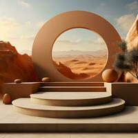 3d render, abstract minimal scene with round podium and mountains in the background AI Generative Illustration. Podium for product shoot. photo