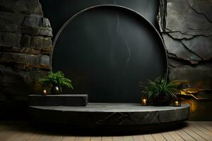 futurista oscuro habitación con Roca piso, 3d prestar. ai generativo ilustración. podio para producto disparo. foto