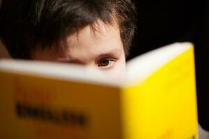 Young boy concentrating on reading a book photo