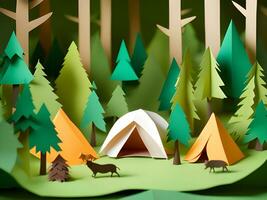 forest in a mountain landscape with tent, camping. 3d illustration. photo