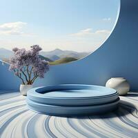 3d render, abstract minimal scene with round podium and mountains in the background AI Generative Illustration. Podium for product shoot. photo