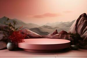3D realistic podium for product shooting with a lot of space to put a product with Abstract scene concept AI Generative Illustration. photo