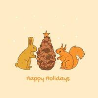 Hare and squirrel decorate pine cone. Vector