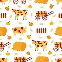 Seamless pattern farm animals and elements. Vector hand drawn