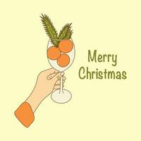 Hand holds glass. Tangerines and spruce branches. Vector poster