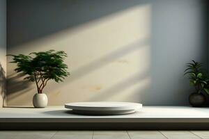 3d render of white round podium on the wooden floor in the modern room. AI Generative Illustration. Podium for product shoot. Minimal Display for product. photo