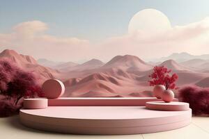 3D realistic podium for product shooting with a lot of space to put a product with Abstract scene concept AI Generative Illustration. photo