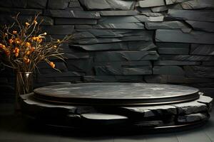 Futuristic dark room with stone floor, 3d render. AI Generative Illustration. Podium for product shoot. photo