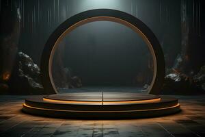 Futuristic dark room with stone floor, 3d render. AI Generative Illustration. Podium for product shoot. photo