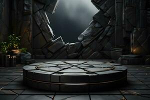 Futuristic dark room with stone floor, 3d render. AI Generative Illustration. Podium for product shoot. photo