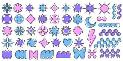 Abstract geometric elements for design. Neobrutalism graphic shapes. Minimal groovy Y2k retro stickers. Set of retro labels. Simple vector flowers, butterfly and stars.