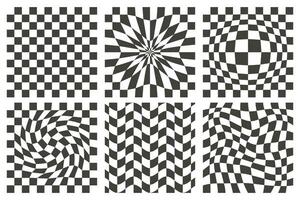 Checkerboard wavy patterns. Abstract chess square print. Black and white psychedelic optical illusion. Warped flag with geometric graphic. Y2k design for banner vector