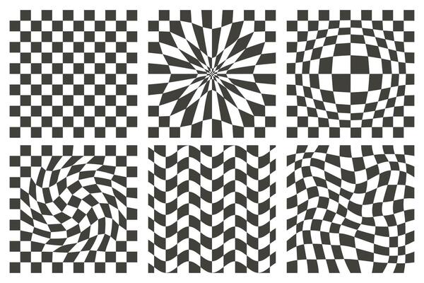 Checkerboard wavy patterns. Abstract chess square print. Black and white psychedelic optical illusion. Warped flag with geometric graphic. Y2k design for banner