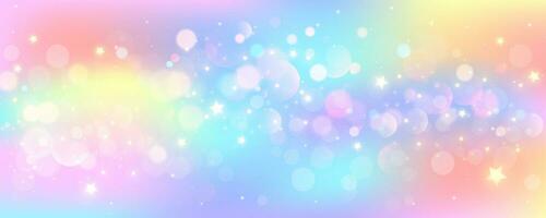 Rainbow unicorn pastel background with glitter stars. Pink fantasy sky. Holographic space with bokeh. Fairy iridescent gradient backdrop. Vector