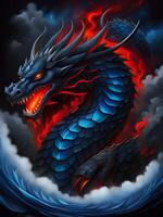 illustration of a red dragon on the background of clouds photo