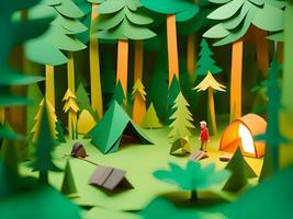 forest in a mountain landscape with tent, camping. 3d illustration. photo
