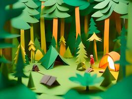 bosque en un montaña paisaje con carpa, cámping. 3d ilustración. foto