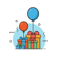 Gift Boxes With Balloons Vector Illustration. Beautiful Presents Gifts Flat Design for kids